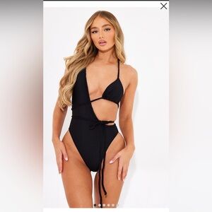 NWT - Pretty Little Thing - Black Plait Detail Asymmetric Swimsuit